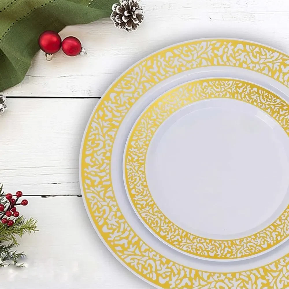 20 NEW Gold Swirl Rim White Plastic Disposable Party Plates Polka Dot Napkins